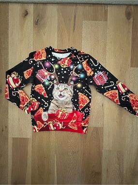 Holiday Cat Print Sweatshirt - Black & Red